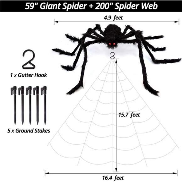 200" Halloween Spider Web + 59" Giant Spider Decorations Fake Spider - Picture 7 of 8